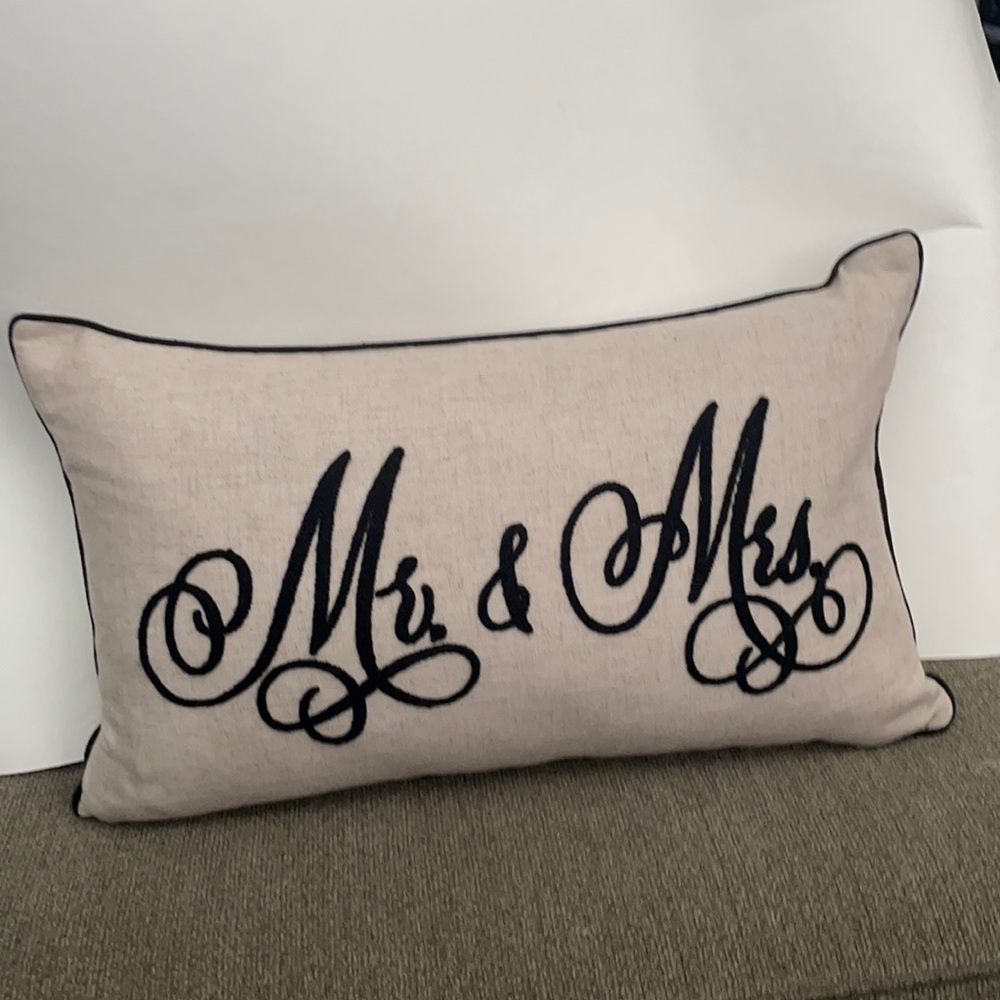 “Mr & Mrs.” Embroidered Script Long Rectangle Black & Oatmeal Anthropology